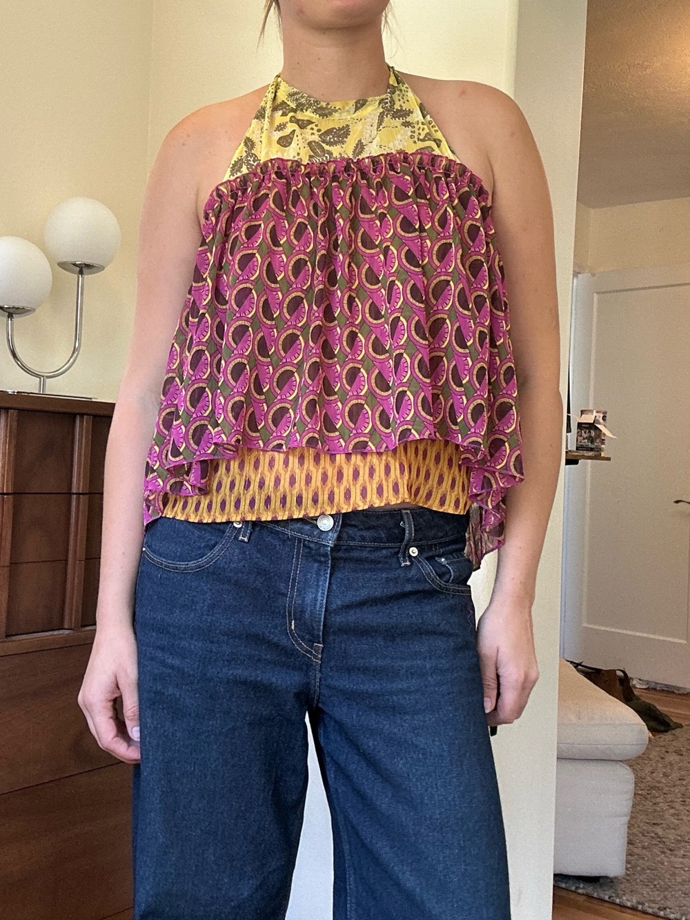 Zara Pink and Yellow Patterned Halter Tiered Camisole
